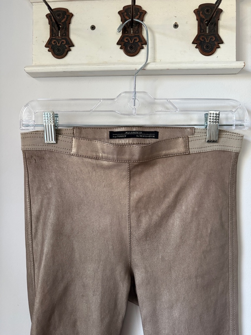 AllSaints Metallic Taupe-Look Lamb Leather Leggings Low rise Pants 4 Moto Tights - Picture 2 of 7